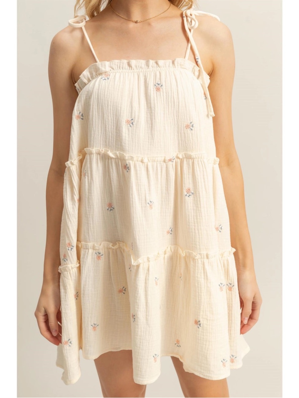 Talulah Embroidered Gauze Tiered Babydoll Mini Dress Ivory Floral M